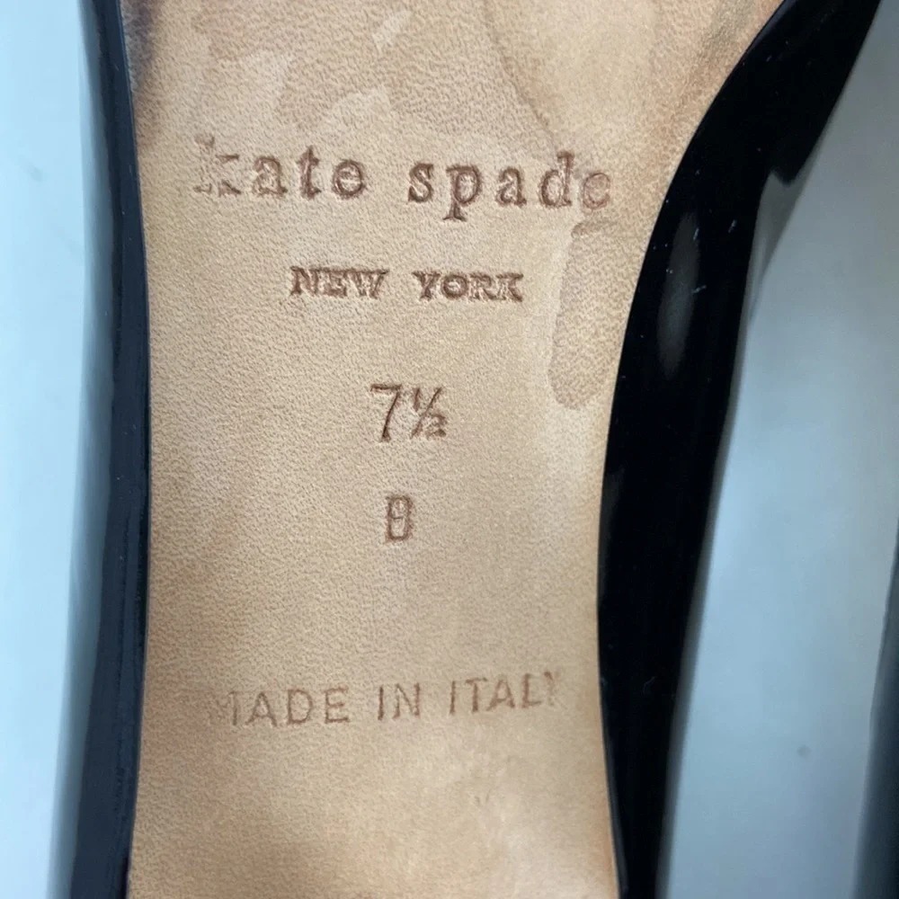 Kate Spade Giselle Oxford Patent Leather Peep Toe Perforated Trim Black Heels